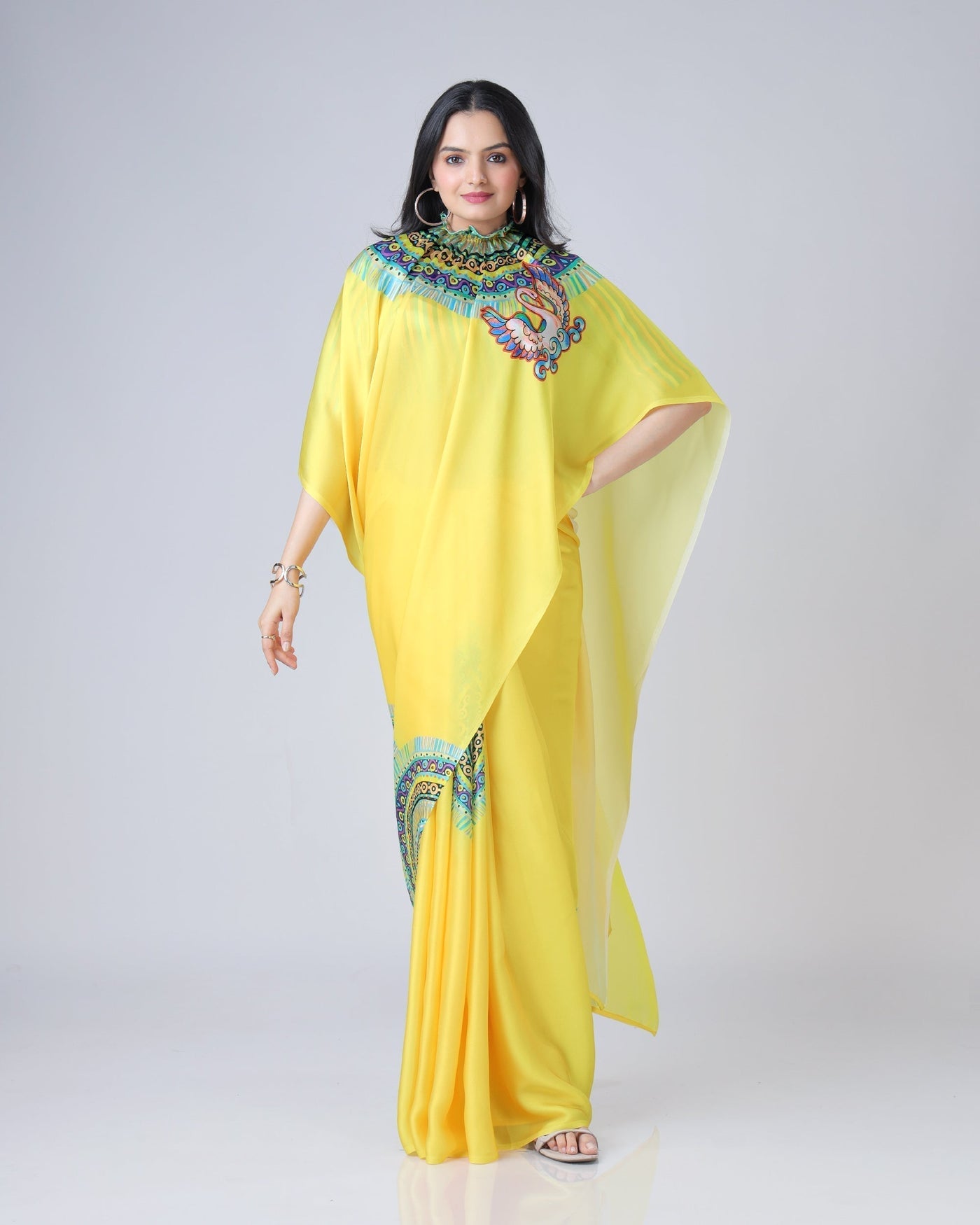 Sunshine Yellow Designer Freehand Swan Print Saree in Georgette Satin – Ready to Wear