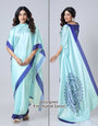Aqua Blue & Navy Mandala Print Freehand Georgette Satin Saree – Elegant Designer Drape with Ready-to-Wear Finish