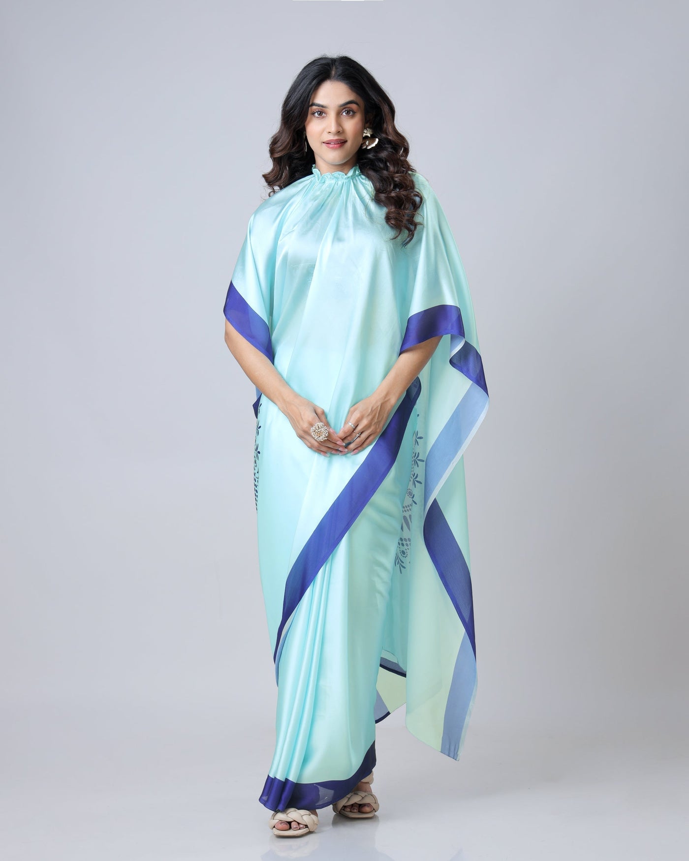 Aqua Blue & Navy Mandala Print Freehand Georgette Satin Saree – Elegant Designer Drape with Ready-to-Wear Finish