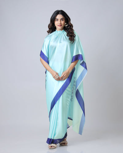 Aqua Blue & Navy Mandala Print Freehand Georgette Satin Saree – Elegant Designer Drape with Ready-to-Wear Finish