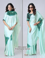Mint Green Designer Freehand Mandala Print Saree in Georgette Satin – Elegant Ready-to-Wear Drape