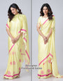 Yellow Georgette Satin Saree with Pink Mandala Freehand Print & Designer Border – Ready to Wear Elegance