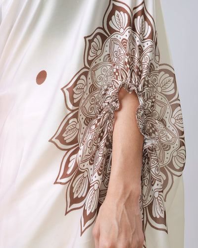 Ivory Georgette Satin Ready-to-Wear Saree with Mandala Freehand Print & Polka Dot Detailing