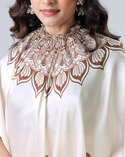 Ivory Georgette Satin Ready-to-Wear Saree with Mandala Freehand Print & Polka Dot Detailing