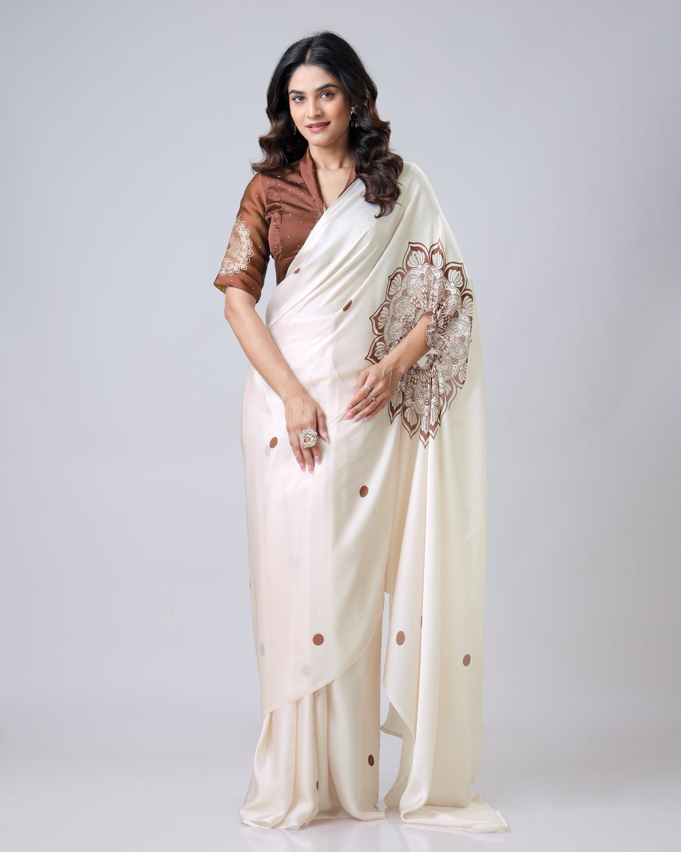 Ivory Georgette Satin Ready-to-Wear Saree with Mandala Freehand Print & Polka Dot Detailing