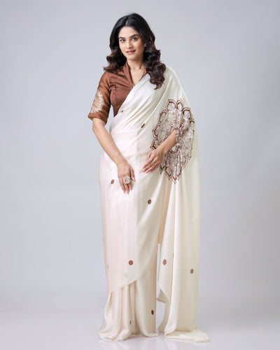 Ivory Georgette Satin Ready-to-Wear Saree with Mandala Freehand Print & Polka Dot Detailing