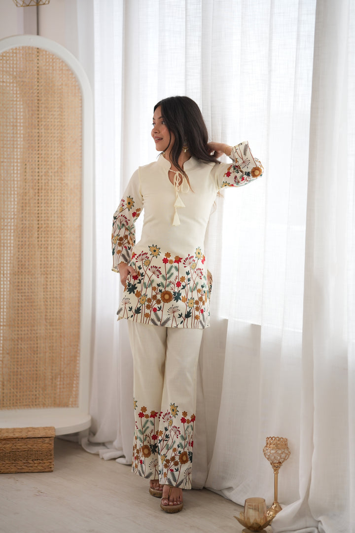 Gulnaar Floral Magic Slub Cotton Co-ord Set with Printed Kurta & Pants – 2 Piece Ready-to-Wear Set