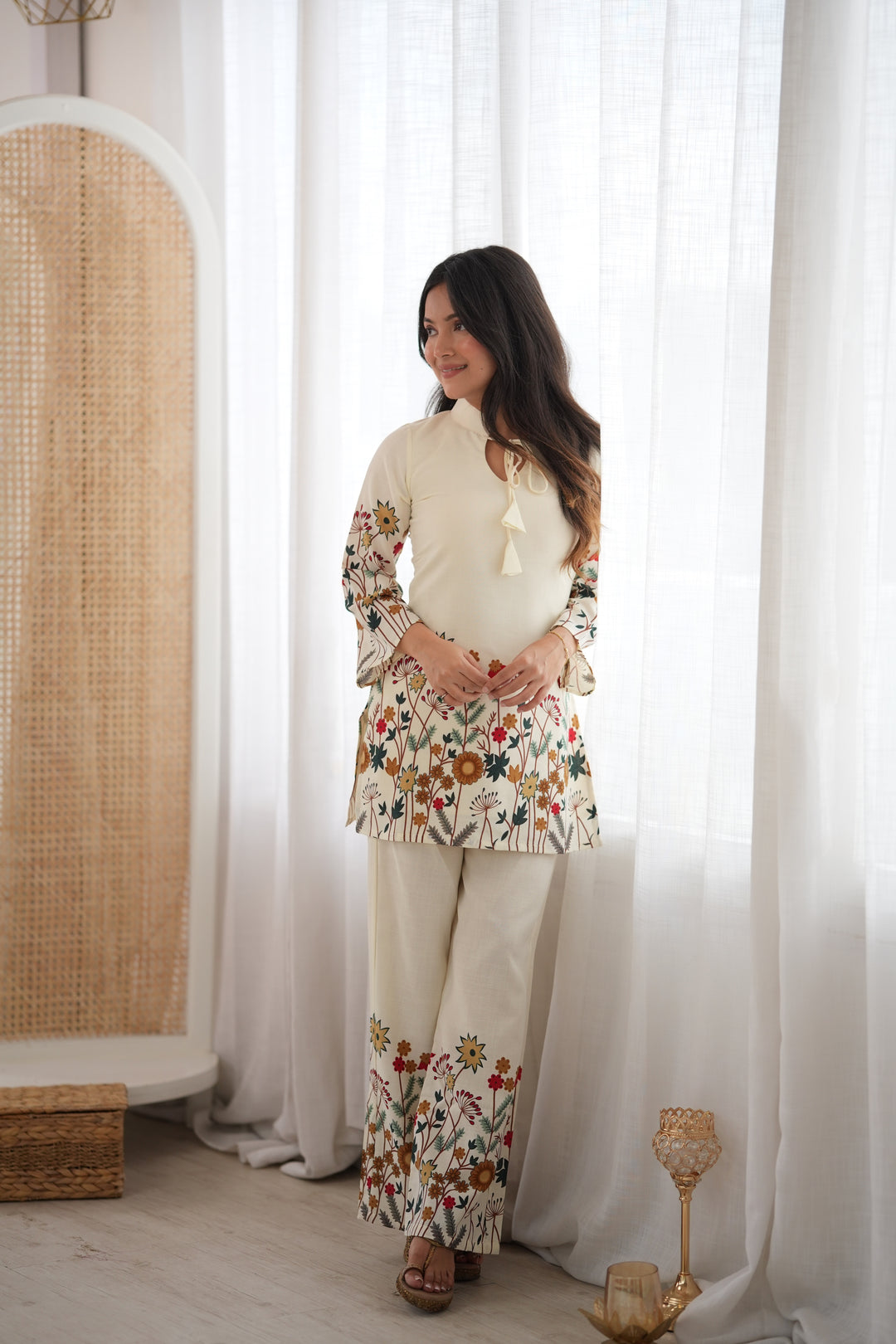 Gulnaar Floral Magic Slub Cotton Co-ord Set with Printed Kurta & Pants – 2 Piece Ready-to-Wear Set