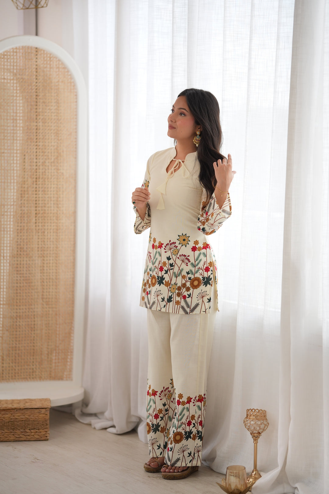 Gulnaar Floral Magic Slub Cotton Co-ord Set with Printed Kurta & Pants – 2 Piece Ready-to-Wear Set