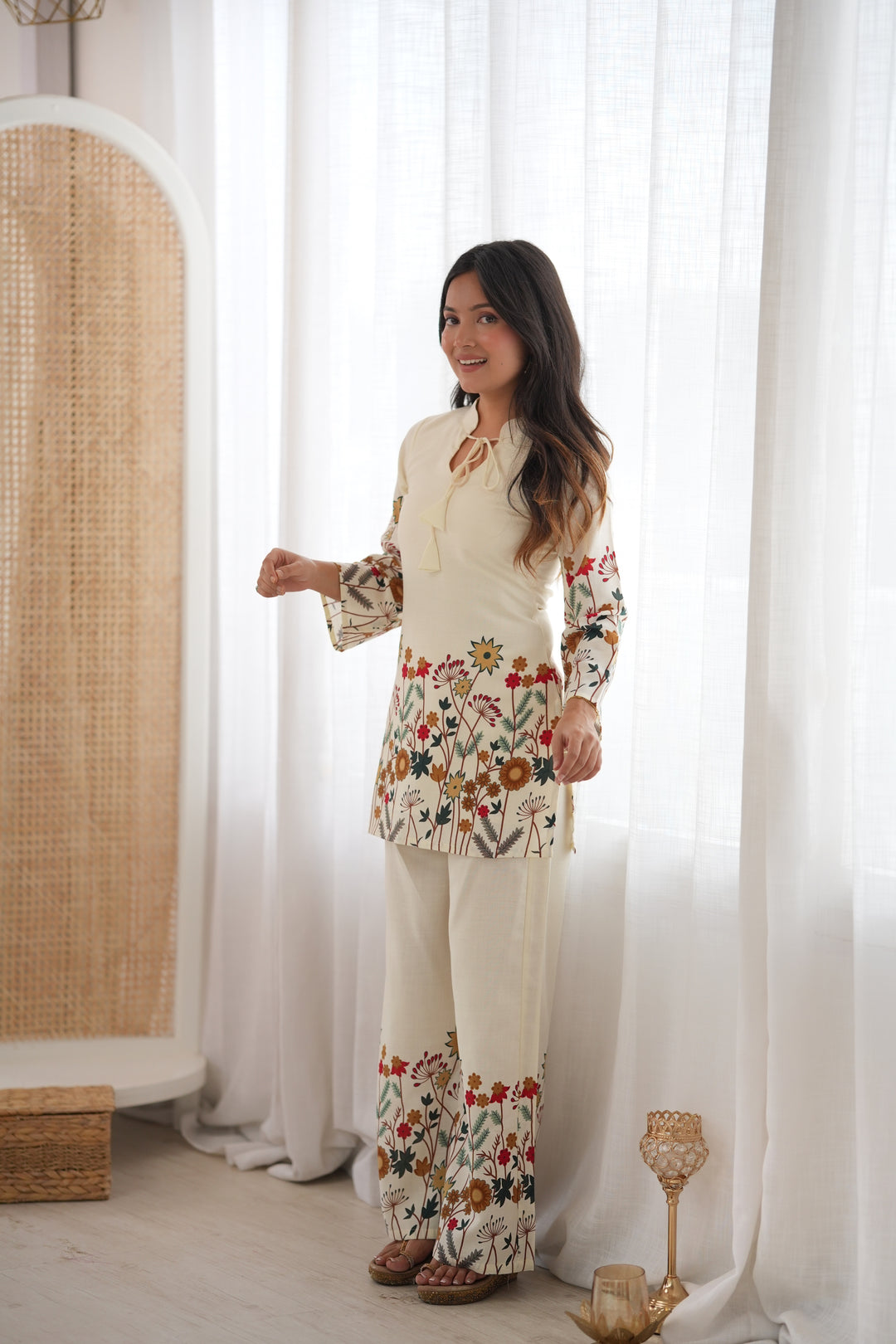 Gulnaar Floral Magic Slub Cotton Co-ord Set with Printed Kurta & Pants – 2 Piece Ready-to-Wear Set