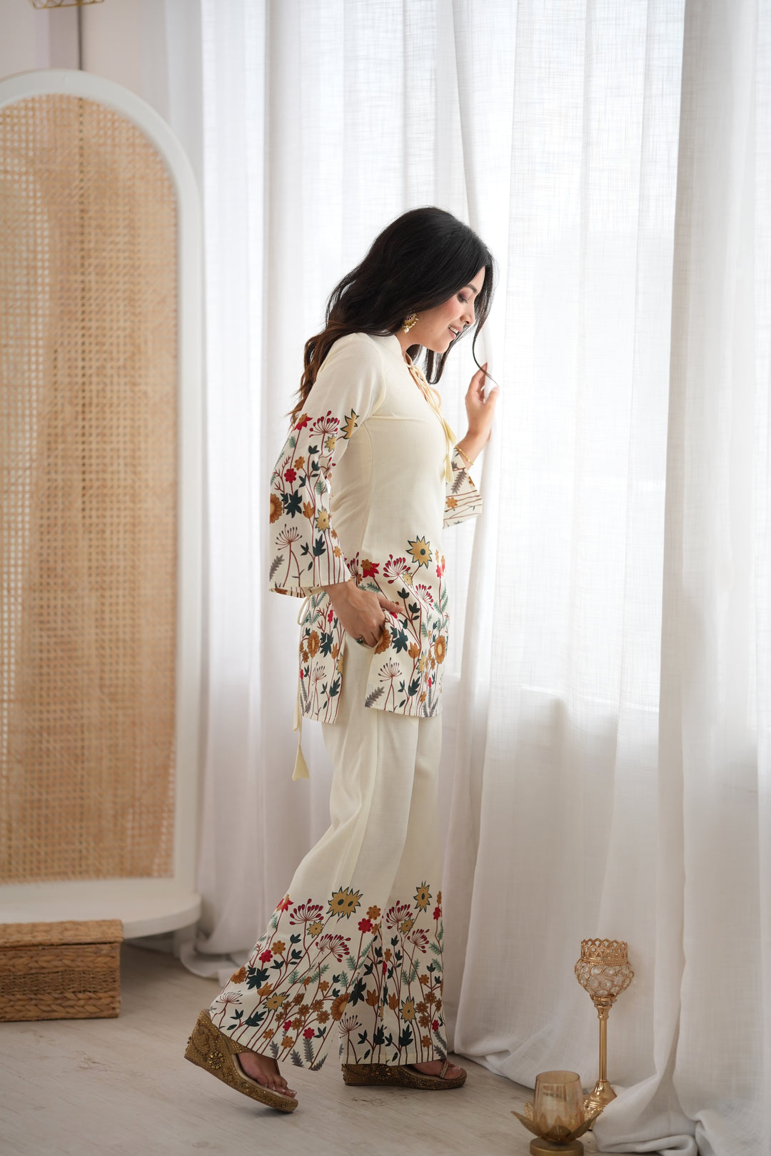 Gulnaar Floral Magic Slub Cotton Co-ord Set with Printed Kurta & Pants – 2 Piece Ready-to-Wear Set