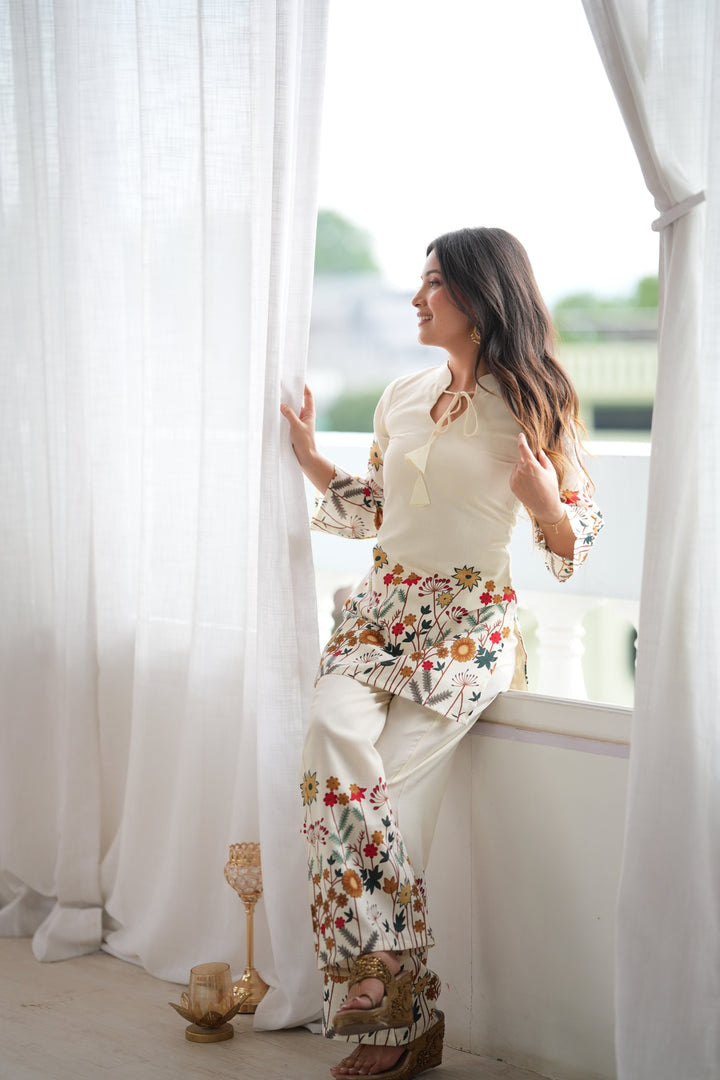 Gulnaar Floral Magic Slub Cotton Co-ord Set with Printed Kurta & Pants – 2 Piece Ready-to-Wear Set
