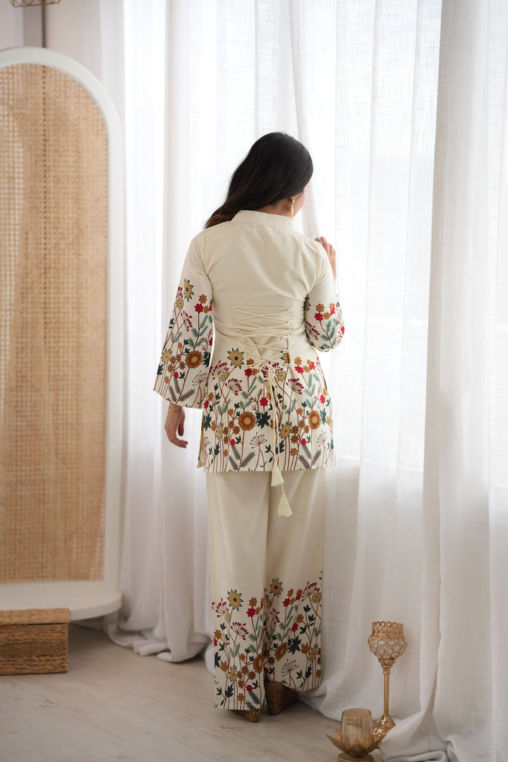 Gulnaar Floral Magic Slub Cotton Co-ord Set with Printed Kurta & Pants – 2 Piece Ready-to-Wear Set