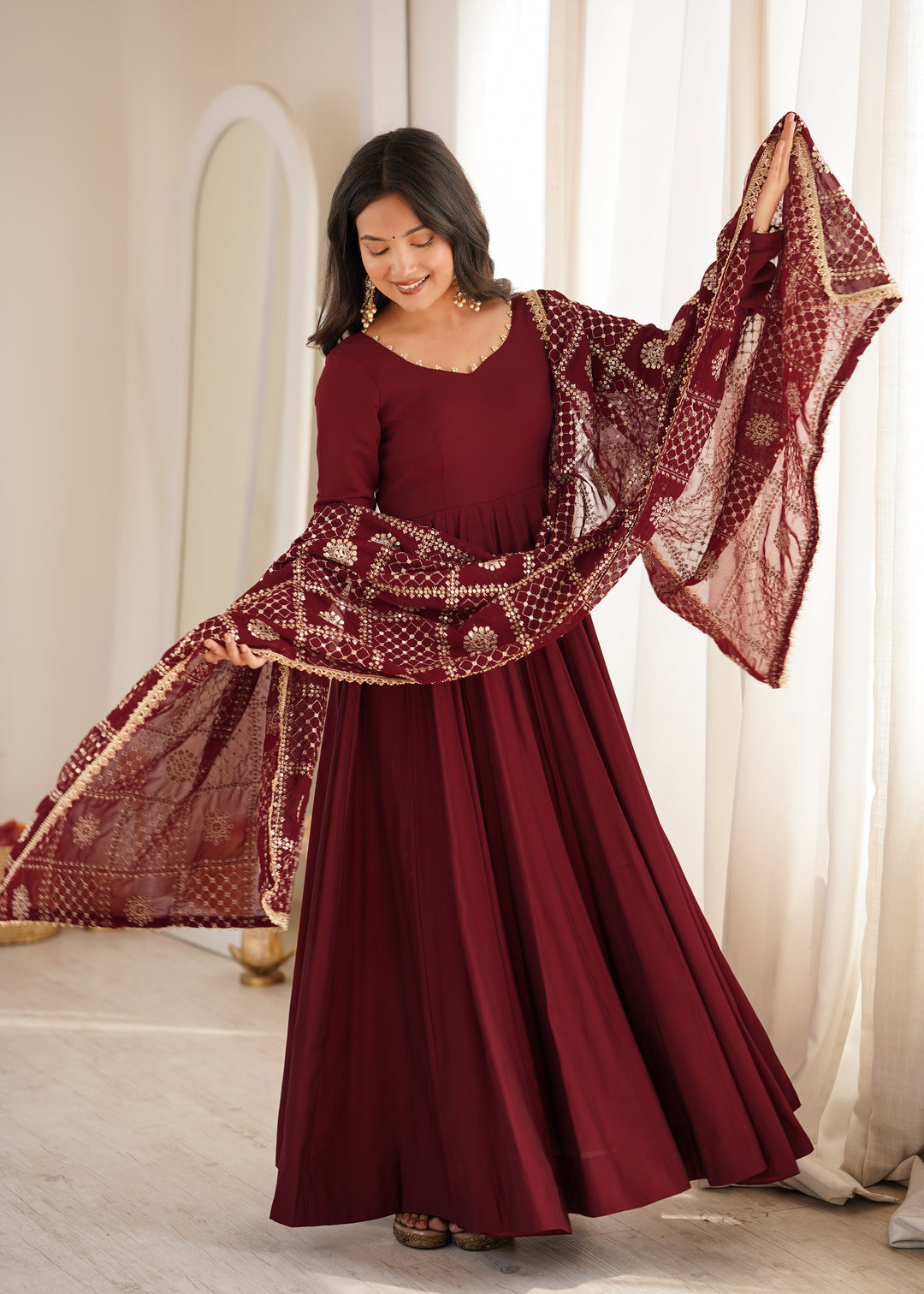 Inaya Premium Roman Silk Chanderi 16-Kali Anarkali Set with 5.5-Metre Flare, Embroidered Georgette Dupatta & Pants – 3 Piece Ready-to-Wear Ensemble