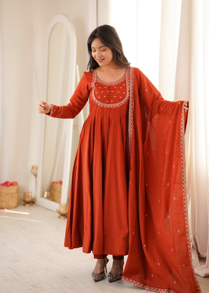 Aaradhya Premium Roman Chanderi Silk 16-Kali Anarkali Set with 4-Metre Flare, Embroidered Dupatta & Pants – 3 Piece Ready-to-Wear Ensemble