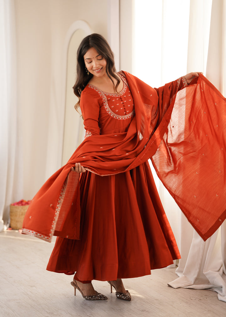 Aaradhya Premium Roman Chanderi Silk 16-Kali Anarkali Set with 4-Metre Flare, Embroidered Dupatta & Pants – 3 Piece Ready-to-Wear Ensemble