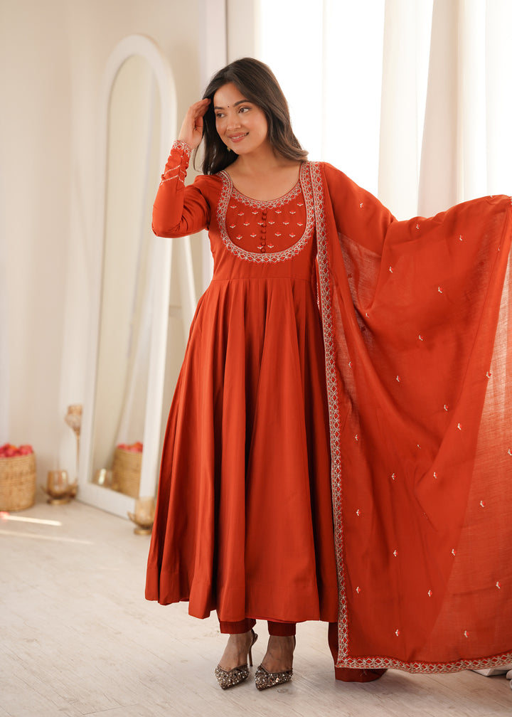Aaradhya Premium Roman Chanderi Silk 16-Kali Anarkali Set with 4-Metre Flare, Embroidered Dupatta & Pants – 3 Piece Ready-to-Wear Ensemble