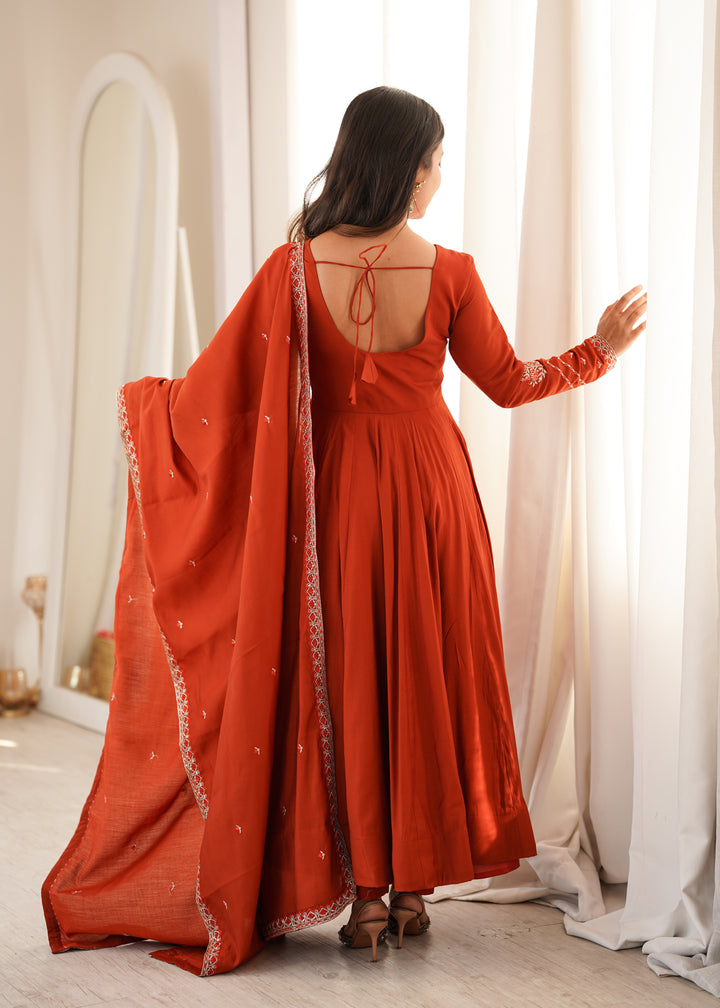 Aaradhya Premium Roman Chanderi Silk 16-Kali Anarkali Set with 4-Metre Flare, Embroidered Dupatta & Pants – 3 Piece Ready-to-Wear Ensemble