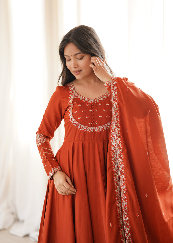 Aaradhya Premium Roman Chanderi Silk 16-Kali Anarkali Set with 4-Metre Flare, Embroidered Dupatta & Pants – 3 Piece Ready-to-Wear Ensemble