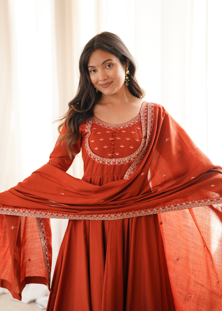 Aaradhya Premium Roman Chanderi Silk 16-Kali Anarkali Set with 4-Metre Flare, Embroidered Dupatta & Pants – 3 Piece Ready-to-Wear Ensemble