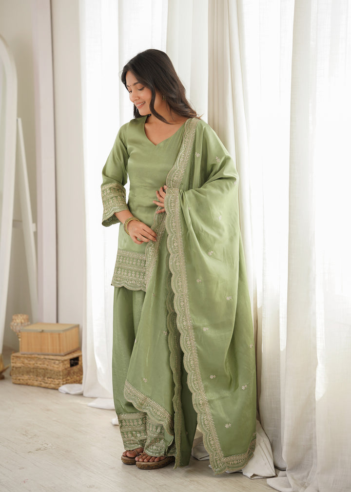 Mehrunisa Glass Roman Silk Embroidered Kurta Set with Farshi Shalwar & Designer Dupatta – 3 Piece Ready-to-Wear Ensemble