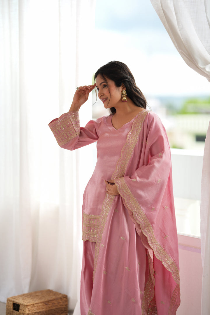 Afsana Glass Roman Silk Embroidered Kurta Set with Farshi Shalwar & Zari Work Dupatta – 3 Piece Ready-to-Wear Set