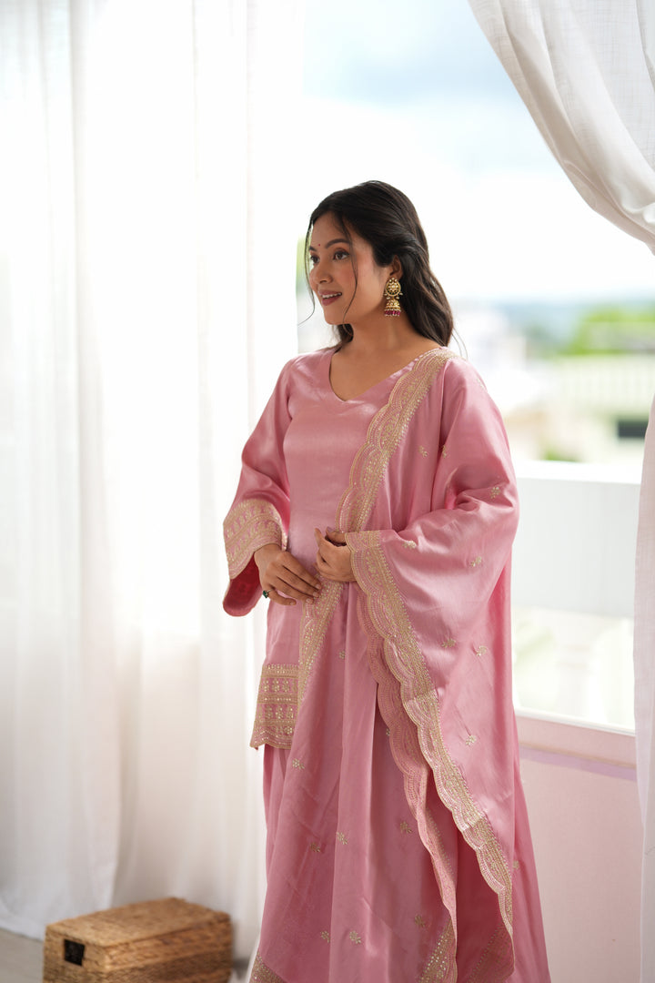 Afsana Glass Roman Silk Embroidered Kurta Set with Farshi Shalwar & Zari Work Dupatta – 3 Piece Ready-to-Wear Set