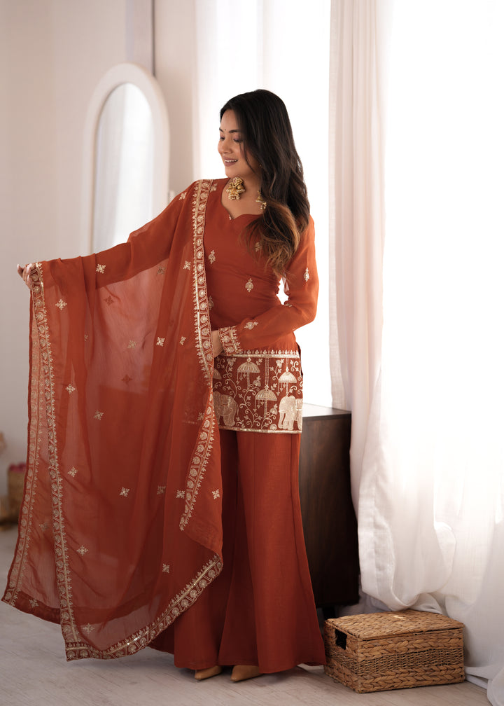 Meher Crunchy Silk Embroidered Kurta Set with Bell Bottom Pants & Designer Dupatta – 3 Piece Ready-to-Wear Set
