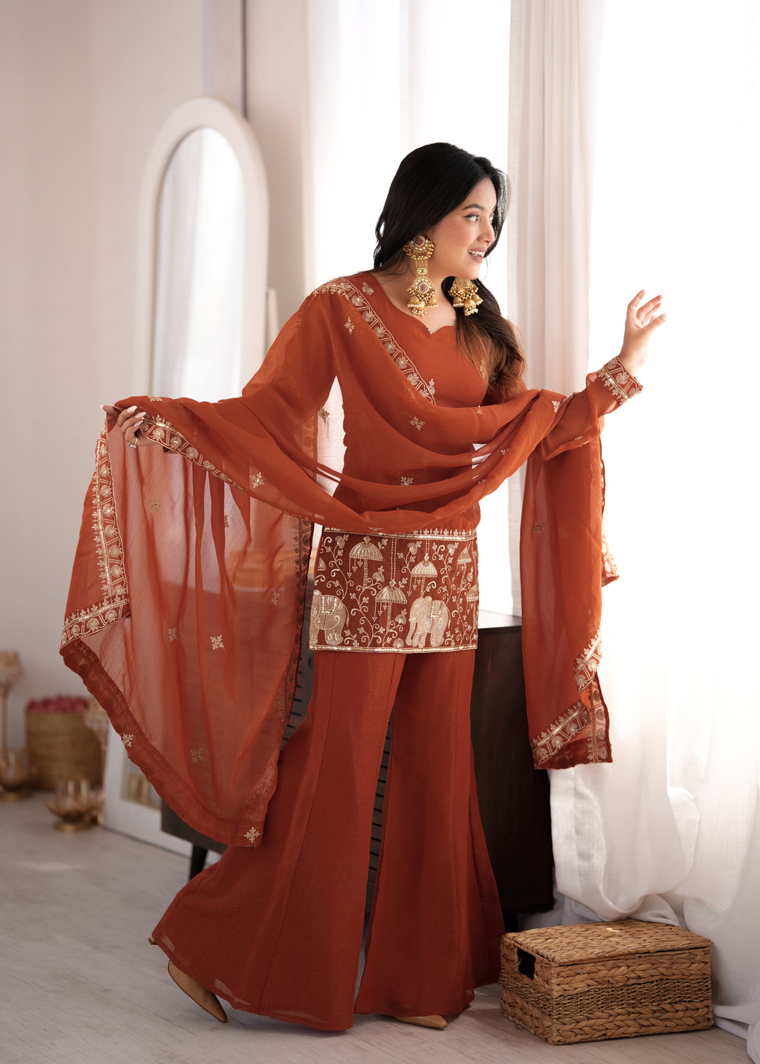 Meher Crunchy Silk Embroidered Kurta Set with Bell Bottom Pants & Designer Dupatta – 3 Piece Ready-to-Wear Set