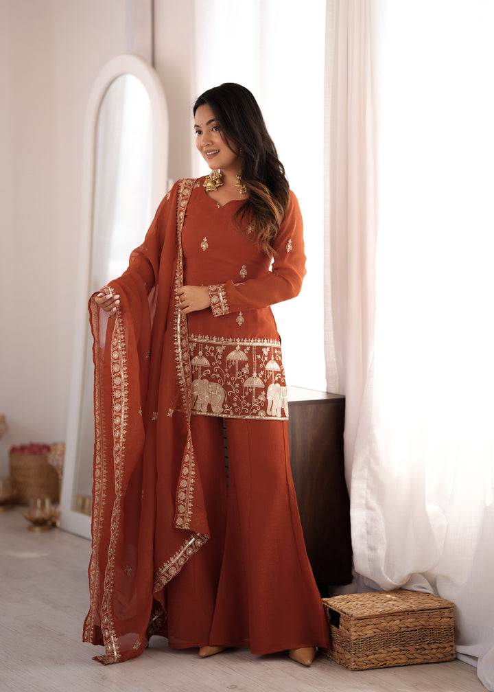 Meher Crunchy Silk Embroidered Kurta Set with Bell Bottom Pants & Designer Dupatta – 3 Piece Ready-to-Wear Set
