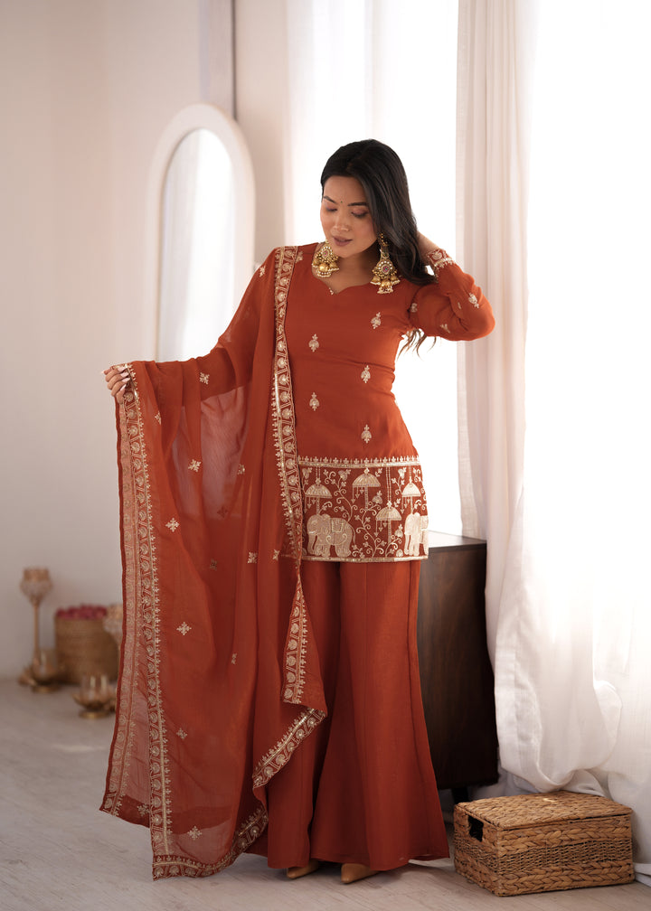 Meher Crunchy Silk Embroidered Kurta Set with Bell Bottom Pants & Designer Dupatta – 3 Piece Ready-to-Wear Set