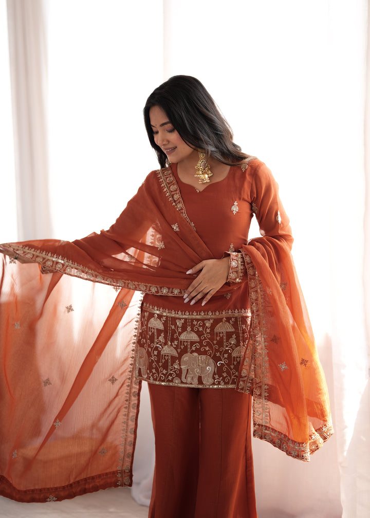 Meher Crunchy Silk Embroidered Kurta Set with Bell Bottom Pants & Designer Dupatta – 3 Piece Ready-to-Wear Set