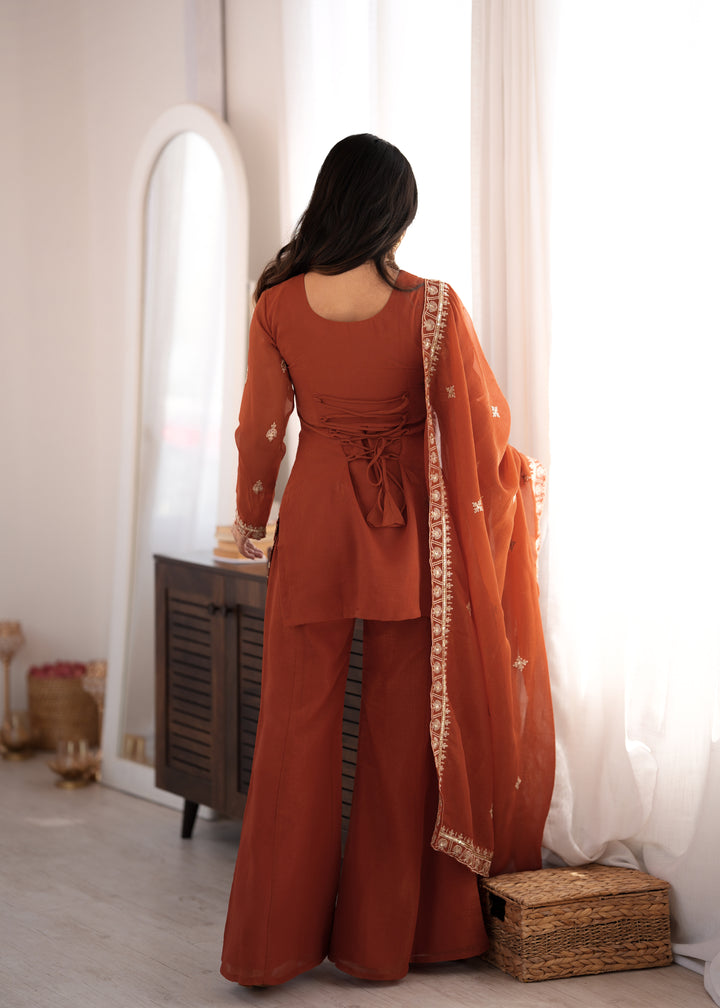 Meher Crunchy Silk Embroidered Kurta Set with Bell Bottom Pants & Designer Dupatta – 3 Piece Ready-to-Wear Set