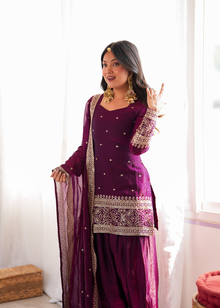 Noor-e-Farshi Heavy Fendy Silk Embroidered Kurta Set with Farshi Shalwar & Glass Roman Silk Dupatta – 3 Piece Festive Ensemble