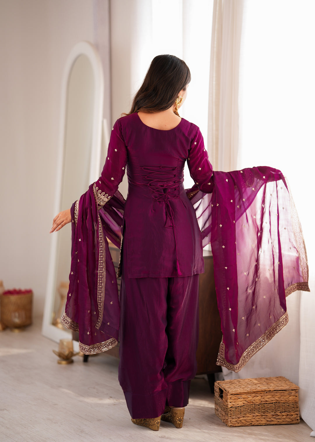 Noor-e-Farshi Heavy Fendy Silk Embroidered Kurta Set with Farshi Shalwar & Glass Roman Silk Dupatta – 3 Piece Festive Ensemble