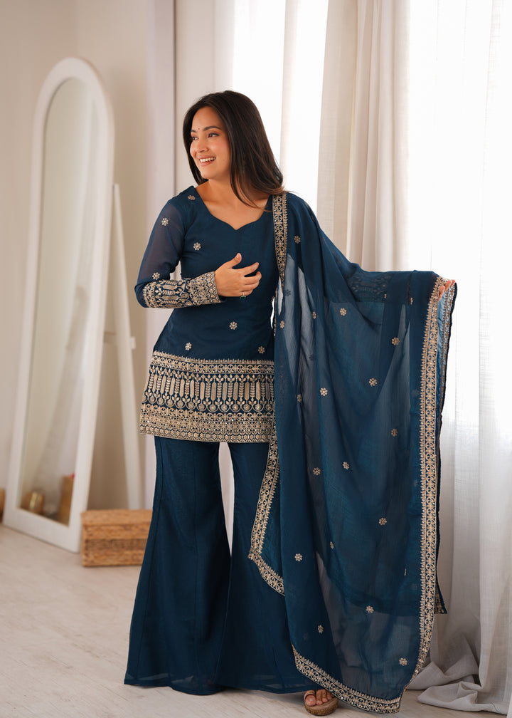 Regal Crunchy Silk Embroidered Kurta Set with Bell Bottom Pants & Designer Dupatta – 3 Piece Festive Ensemble