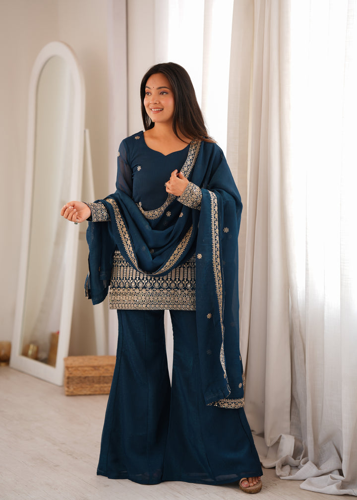 Regal Crunchy Silk Embroidered Kurta Set with Bell Bottom Pants & Designer Dupatta – 3 Piece Festive Ensemble