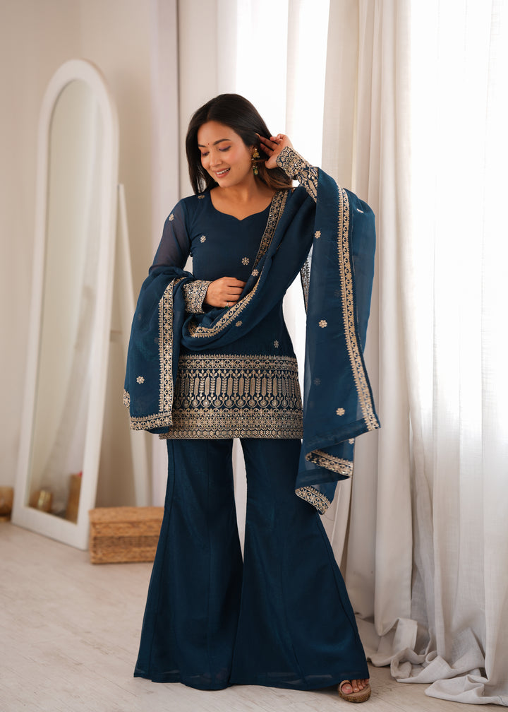 Regal Crunchy Silk Embroidered Kurta Set with Bell Bottom Pants & Designer Dupatta – 3 Piece Festive Ensemble