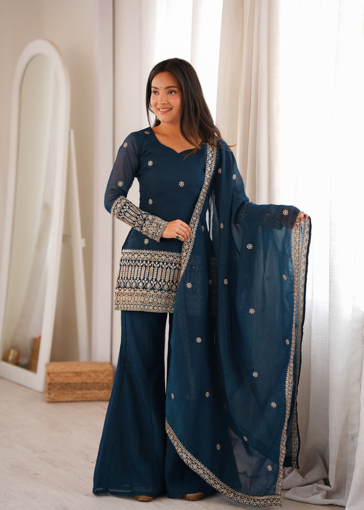 Regal Crunchy Silk Embroidered Kurta Set with Bell Bottom Pants & Designer Dupatta – 3 Piece Festive Ensemble