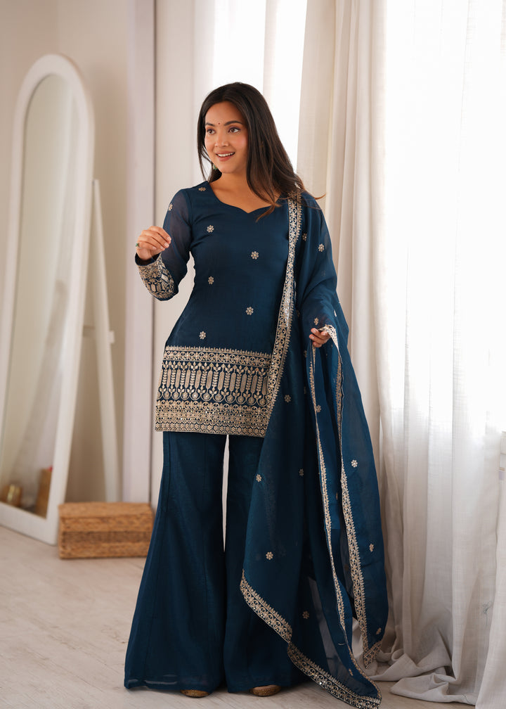 Regal Crunchy Silk Embroidered Kurta Set with Bell Bottom Pants & Designer Dupatta – 3 Piece Festive Ensemble