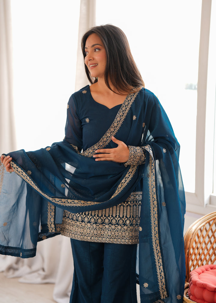 Regal Crunchy Silk Embroidered Kurta Set with Bell Bottom Pants & Designer Dupatta – 3 Piece Festive Ensemble
