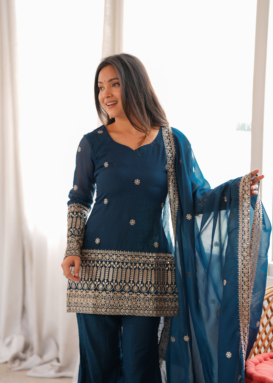 Regal Crunchy Silk Embroidered Kurta Set with Bell Bottom Pants & Designer Dupatta – 3 Piece Festive Ensemble