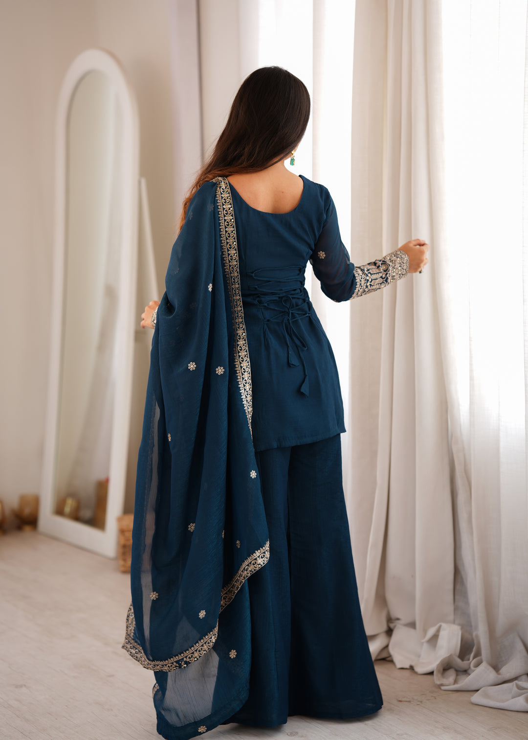 Regal Crunchy Silk Embroidered Kurta Set with Bell Bottom Pants & Designer Dupatta – 3 Piece Festive Ensemble
