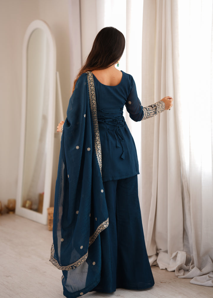 Regal Crunchy Silk Embroidered Kurta Set with Bell Bottom Pants & Designer Dupatta – 3 Piece Festive Ensemble