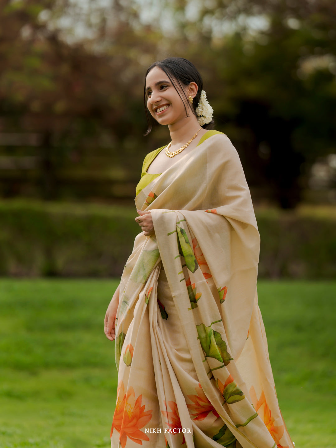 Royal Kasavu Lotus Print Saree with Shimmer Zari Weave, Statement Pallu & Tassels on Edges
