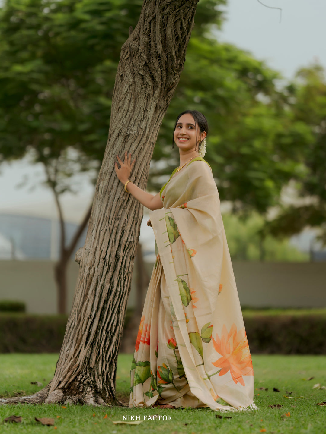Royal Kasavu Lotus Print Saree with Shimmer Zari Weave, Statement Pallu & Tassels on Edges