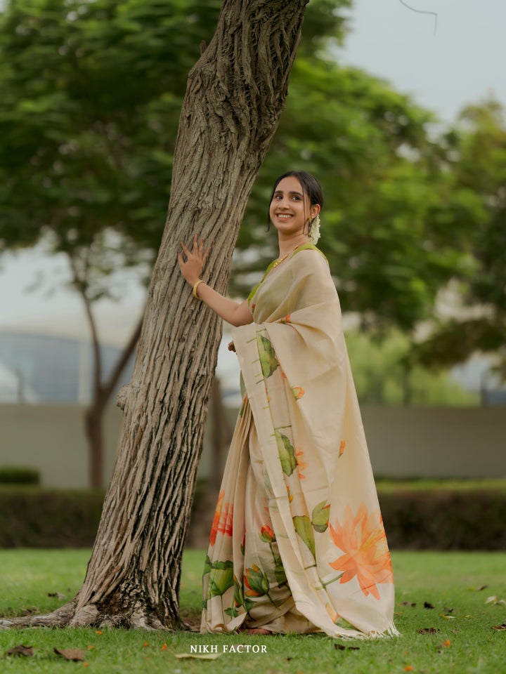 Royal Kasavu Lotus Print Saree with Shimmer Zari Weave, Statement Pallu & Tassels on Edges