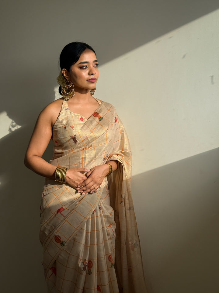 Erode Cotton Silk Shimmery Saree with Zari Weaving, Printed Motifs & Tassel Edges
