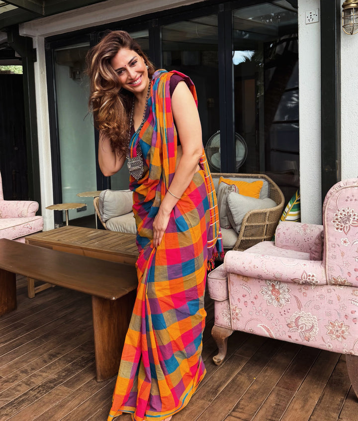 Vibrant Multicolour Madras Checkered Mul Cotton Saree with Tassels & Attached Blouse Piece