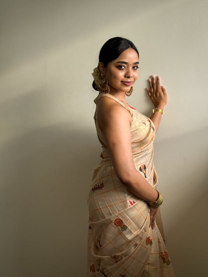 Erode Cotton Silk Shimmery Saree with Zari Weaving, Printed Motifs & Tassel Edges
